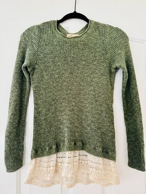 Hollister Olive Green Knit Crewneck Sweater with Cream Lace Hem